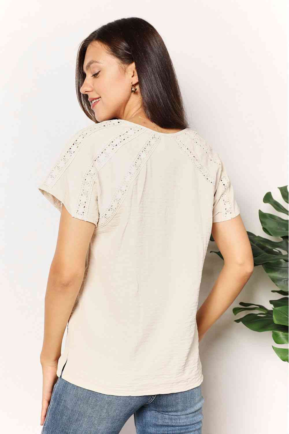 Women's Double Take Crochet Buttoned Short Sleeves Top