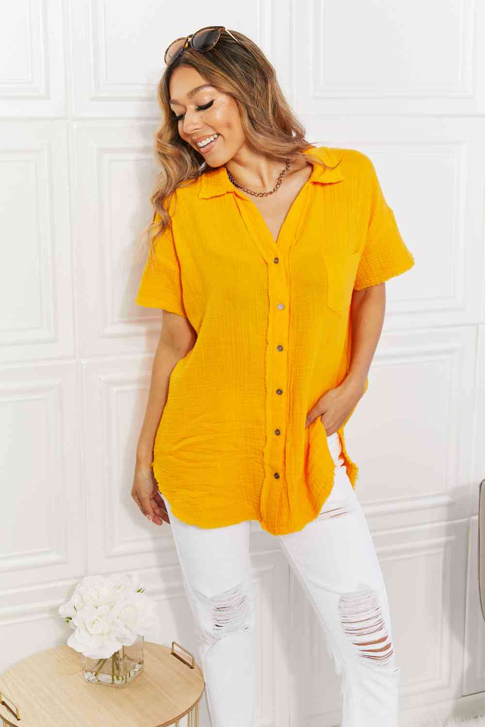 Women's Zenana Full Size Summer Breeze Gauze Short Sleeve Shirt in Mustard