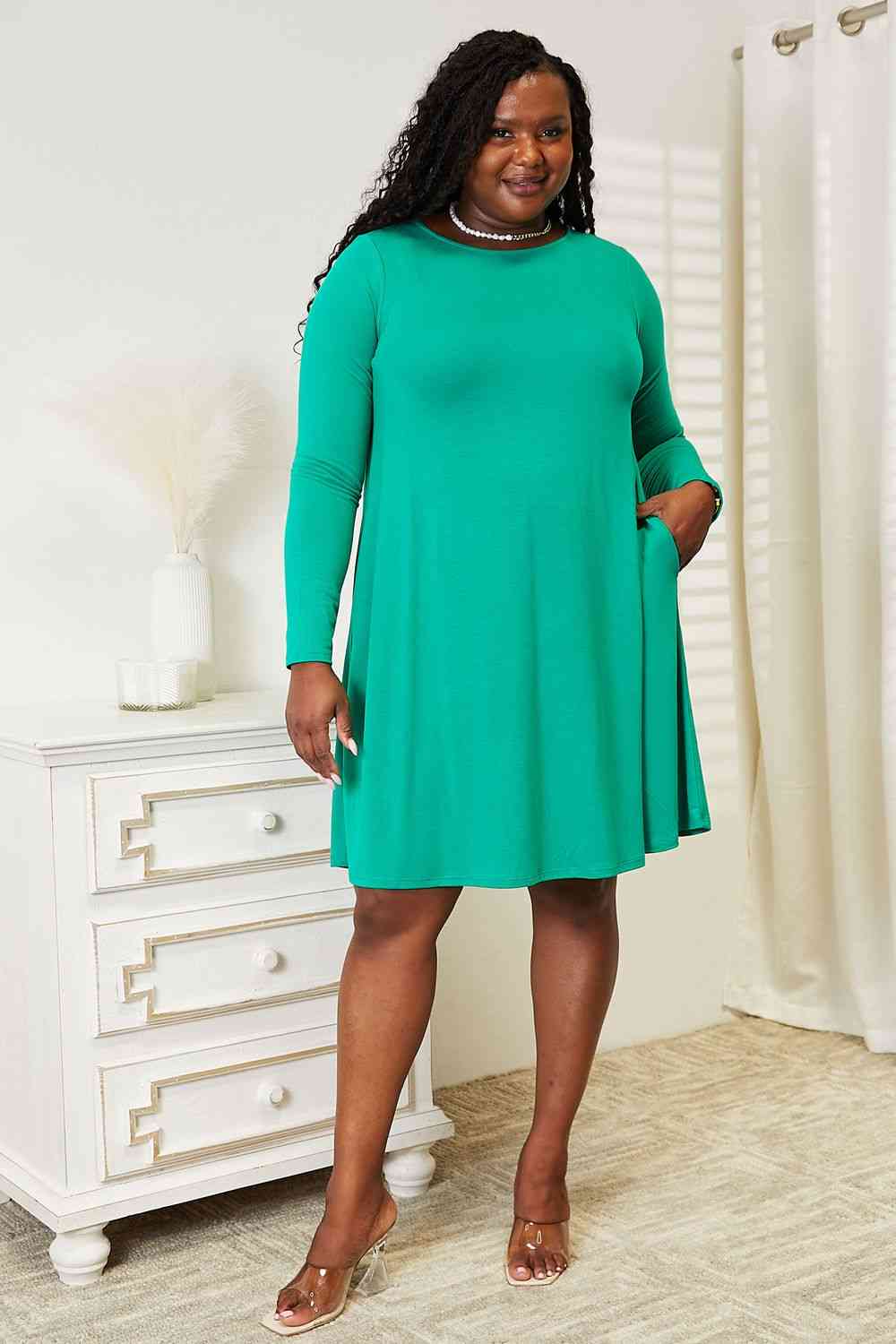 Women's Zenana Full Size Long Sleeve Flare Dress with Pockets