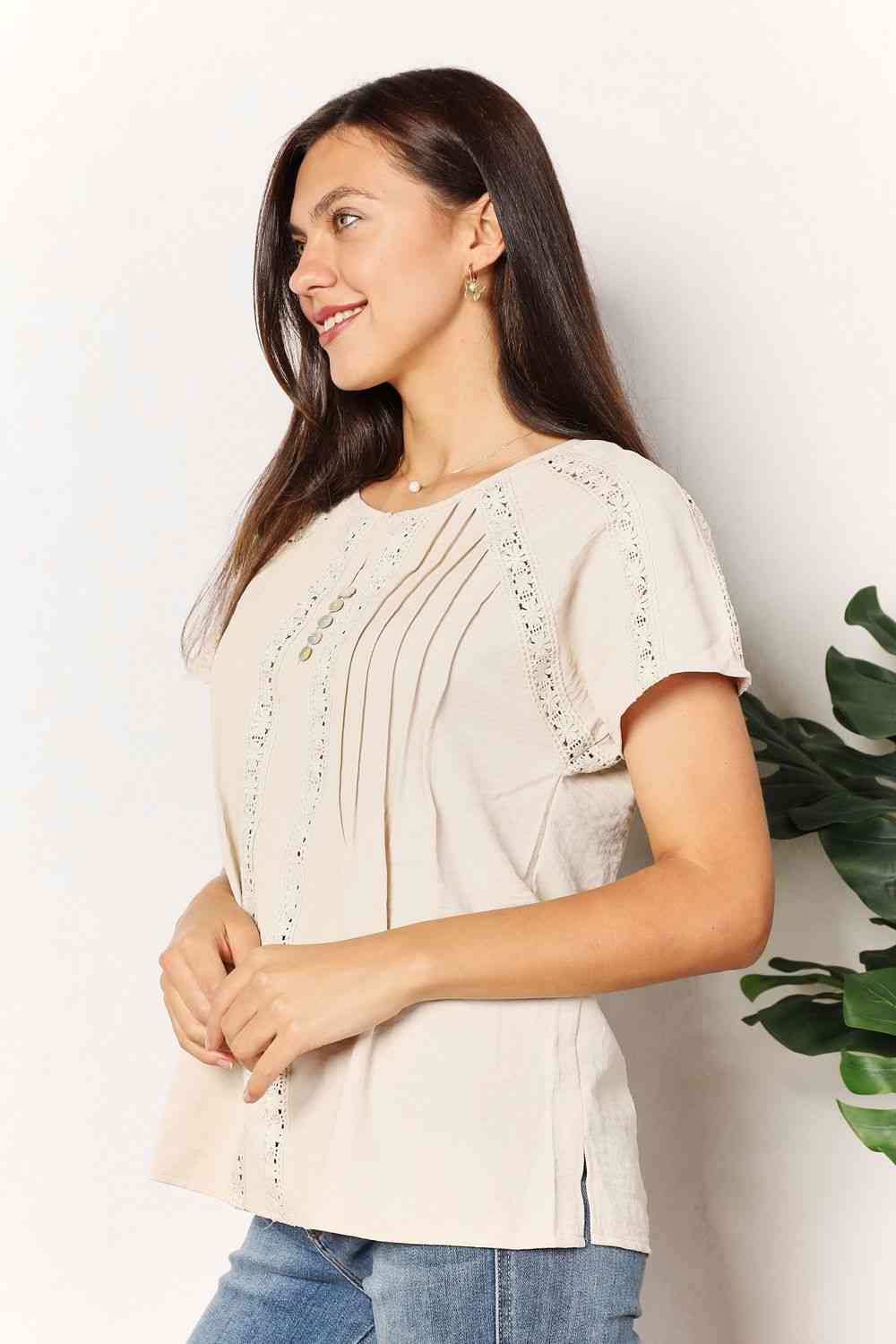 Women's Double Take Crochet Buttoned Short Sleeves Top