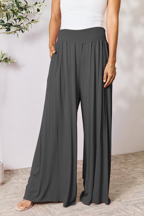 Women's Double Take Full Size Smocked Wide Waistband Wide Leg Pants