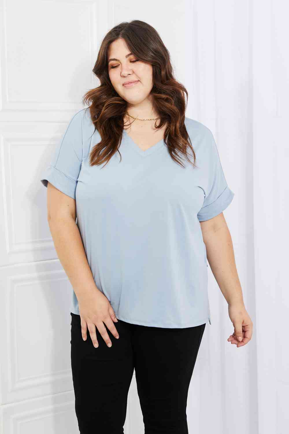 Women's Zenana Simply Comfy Full Size V-Neck Loose Fit T-Shirt in Blue