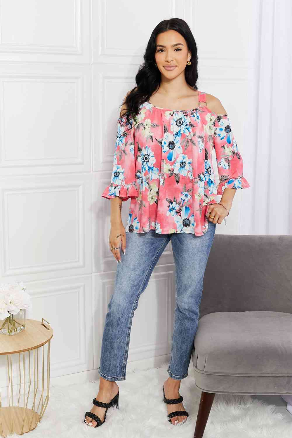 Women's Sew In Love Full Size Fresh Take  Floral Cold-Shoulder Top