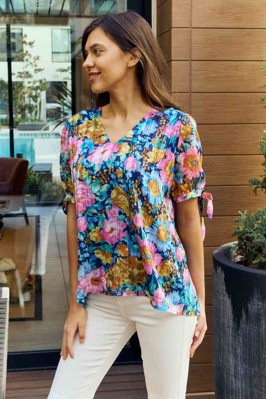 Women's Petal Dew Full Size Floral V-Neck Tie Detail Blouse