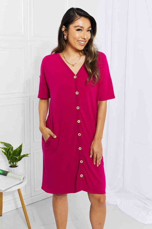 Women's BOMBOM Sunday Brunch Button Down Knee-Length Dress in Magenta