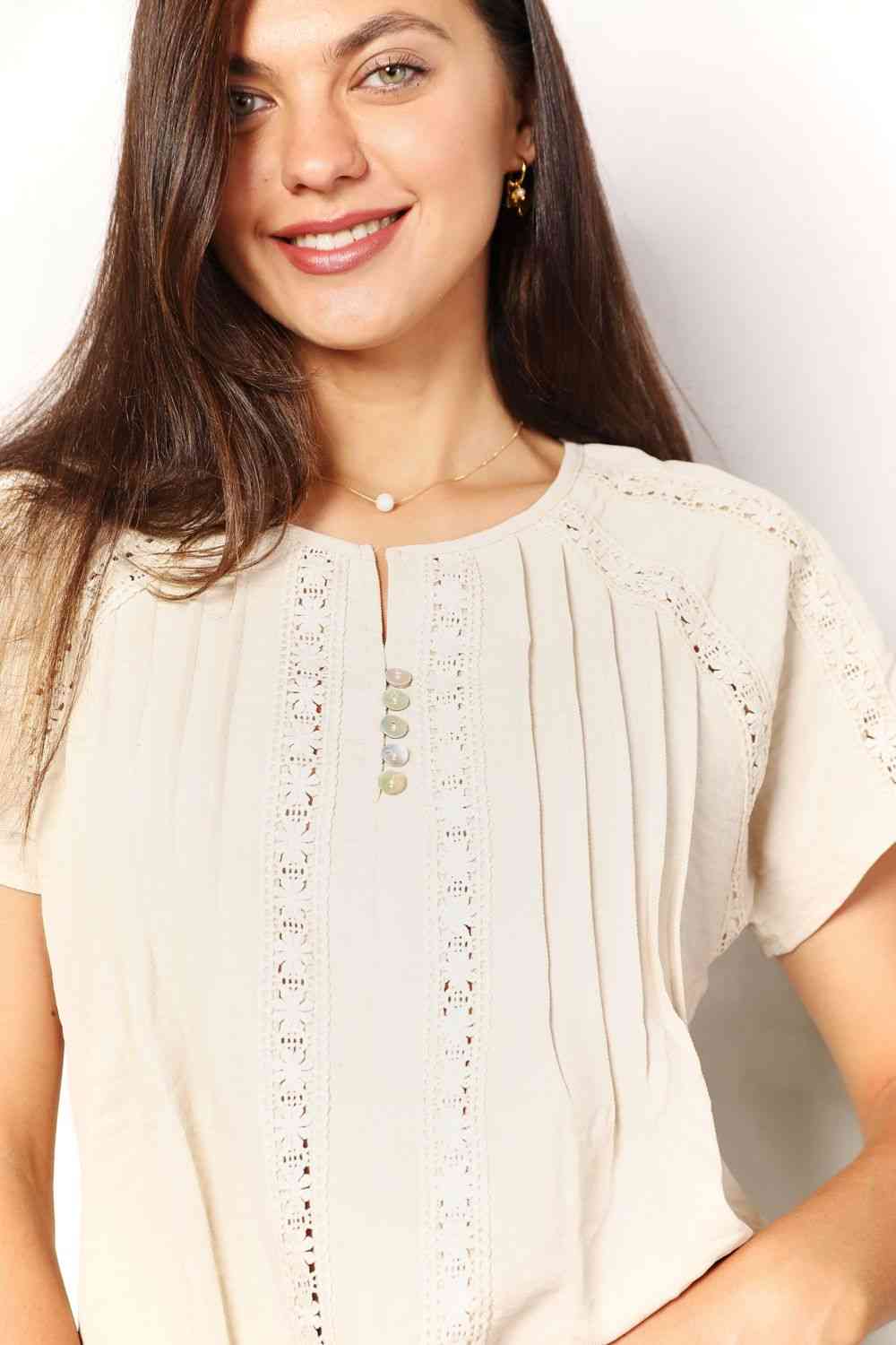 Women's Double Take Crochet Buttoned Short Sleeves Top