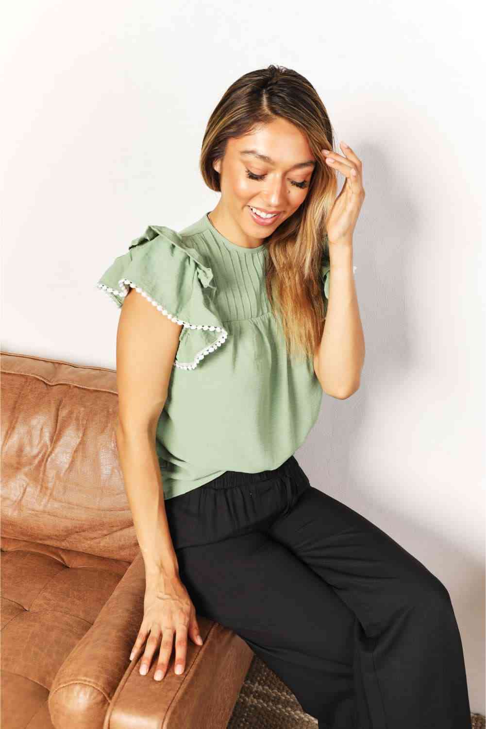 Women's Double Take Pleated Detail Flutter Sleeve Blouse