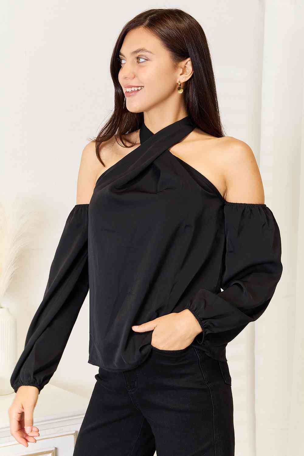 Women's Double Take Grecian Cold Shoulder Long Sleeve Blouse