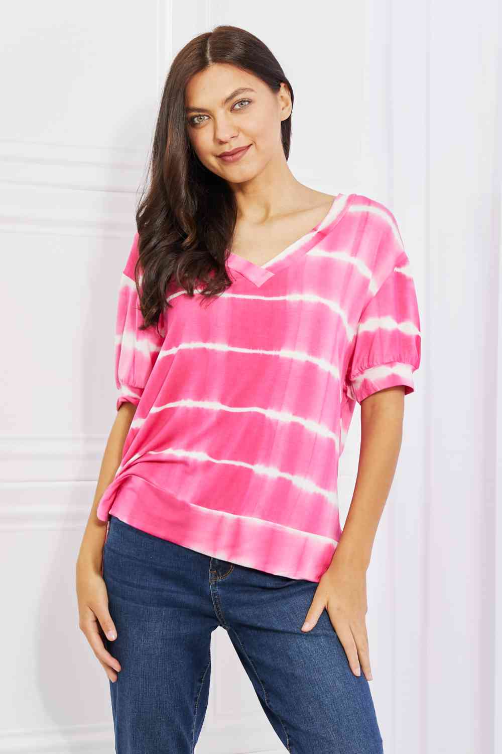 Women's Yelete Full Size Oversized Fit V-Neck Striped Top