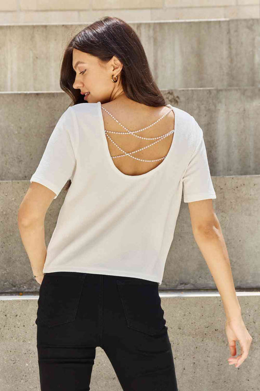 Women's And The Why Pearly White Full Size Criss Cross Pearl Detail Open Back T-Shirt