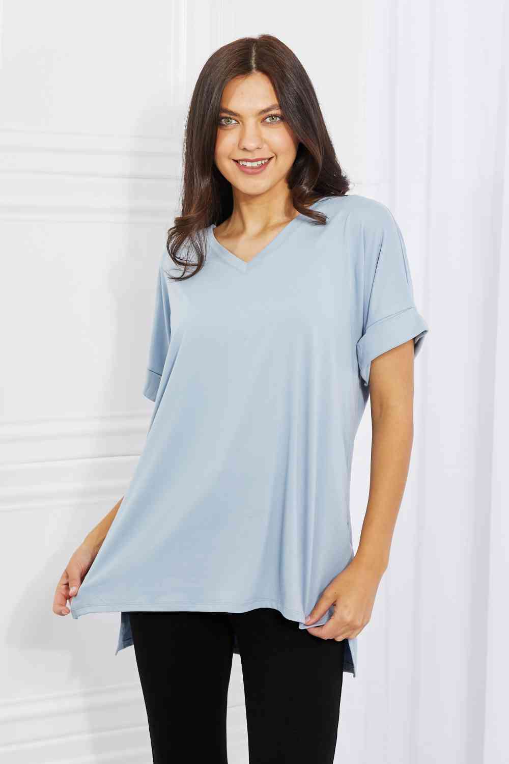 Women's Zenana Simply Comfy Full Size V-Neck Loose Fit T-Shirt in Blue