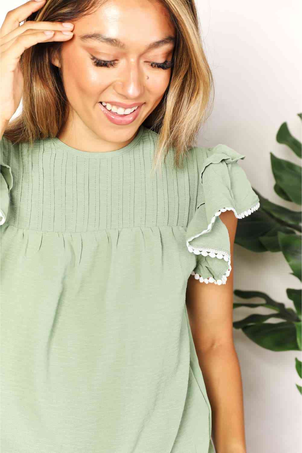 Women's Double Take Pleated Detail Flutter Sleeve Blouse