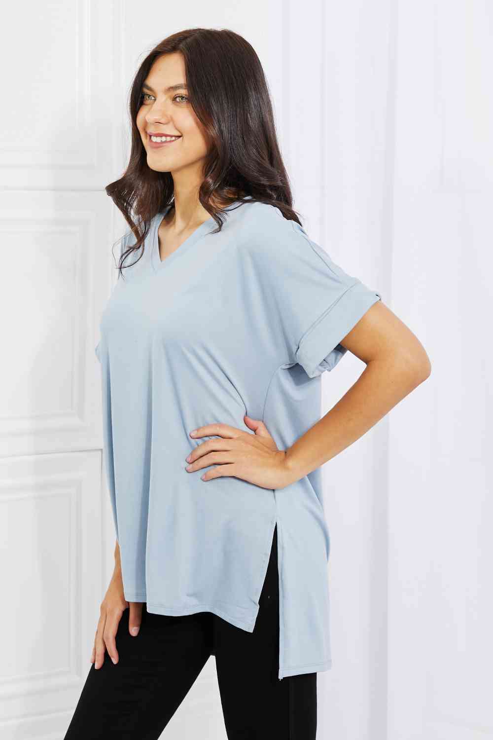 Women's Zenana Simply Comfy Full Size V-Neck Loose Fit T-Shirt in Blue