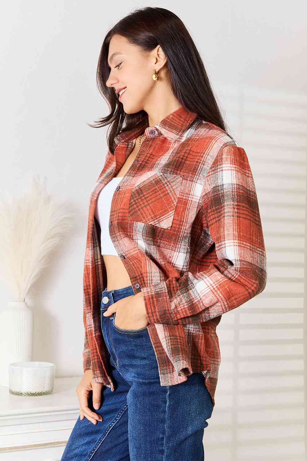 Women's Double Take Plaid Collared Neck Long Sleeve Shirt