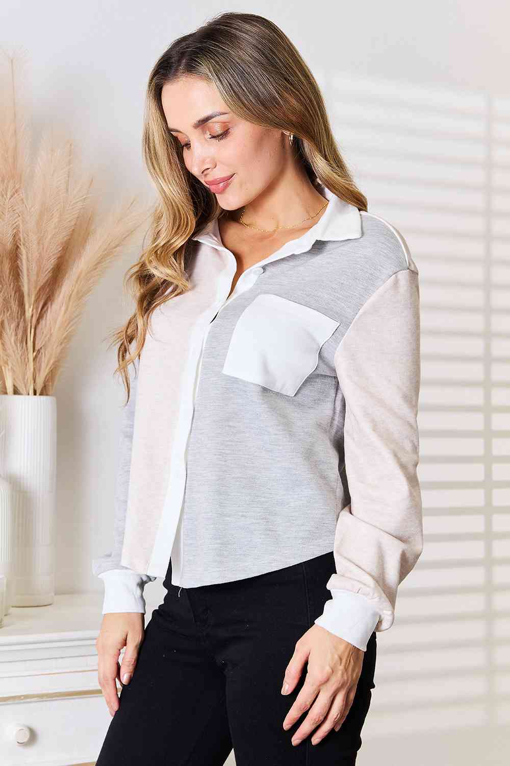 Women's Double Take Color Block Curved Hem Shirt