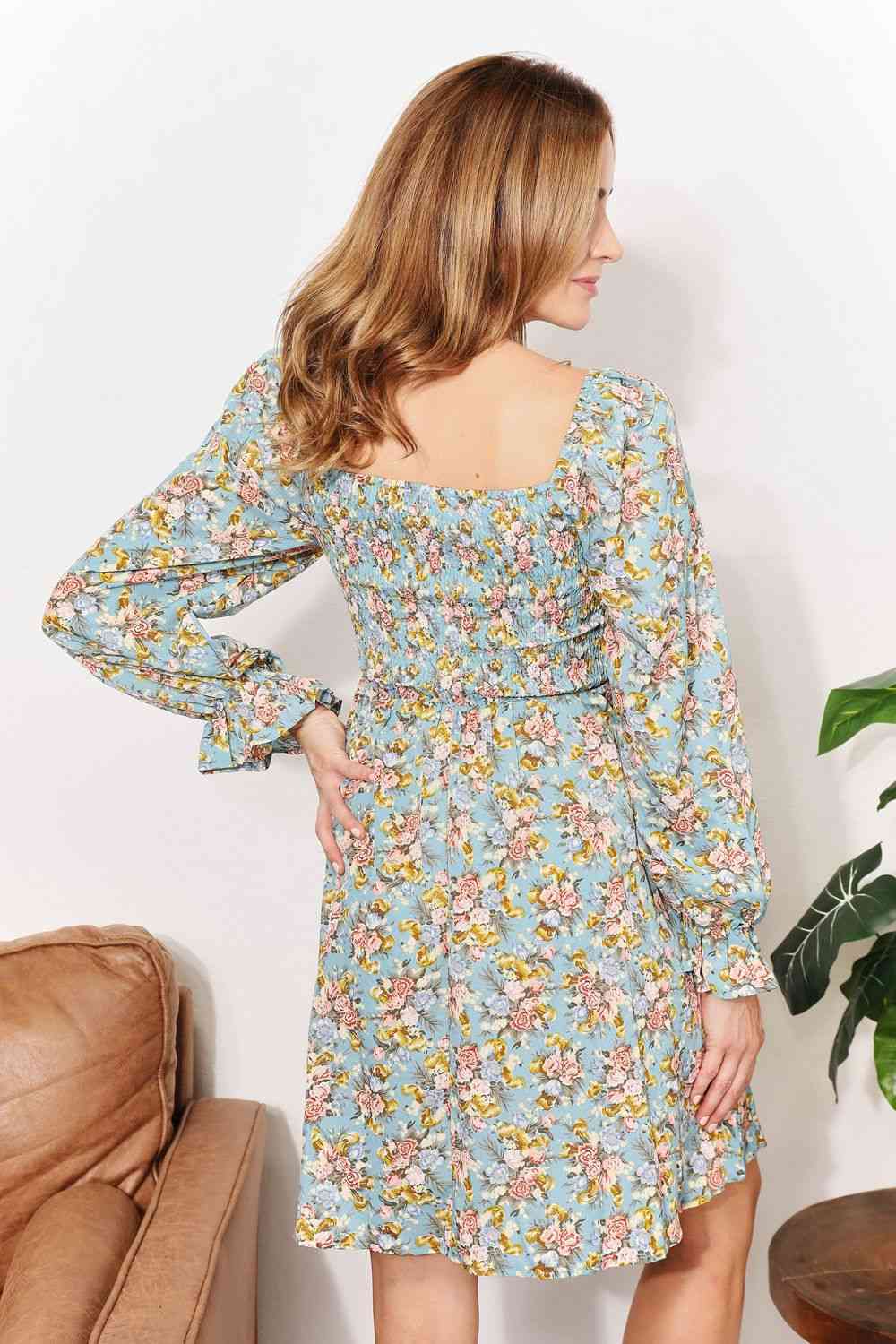 Women's Double Take Floral Smocked Flounce Sleeve Square Neck Dress