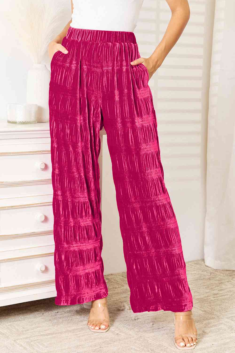 Women's Double Take Full Size High Waist Tiered Shirring Velvet Wide Leg Pants