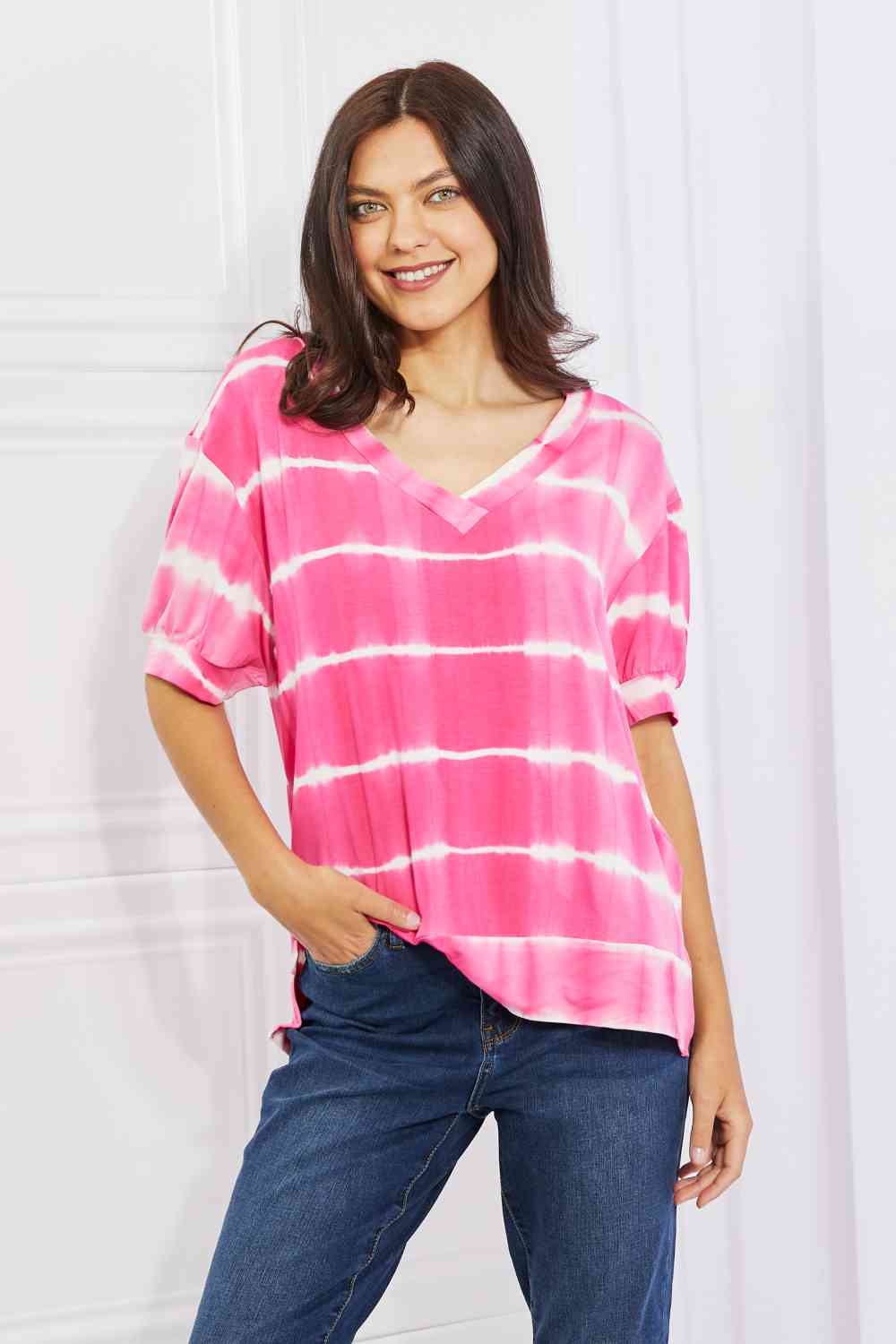 Women's Yelete Full Size Oversized Fit V-Neck Striped Top