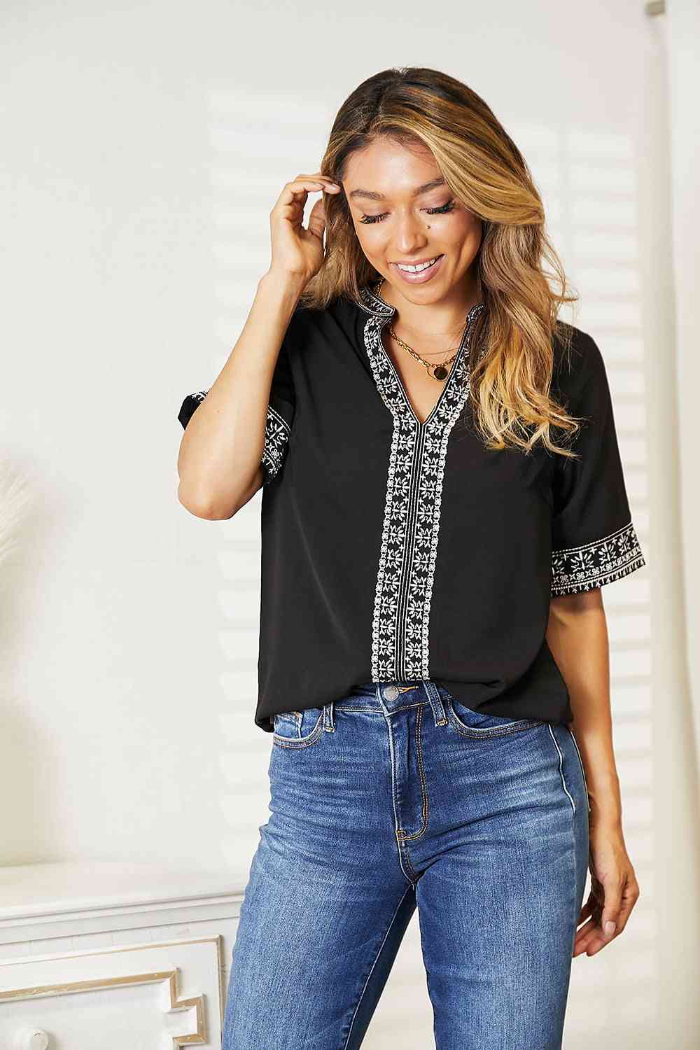 Women's Double Take Embroidered Notched Neck Top