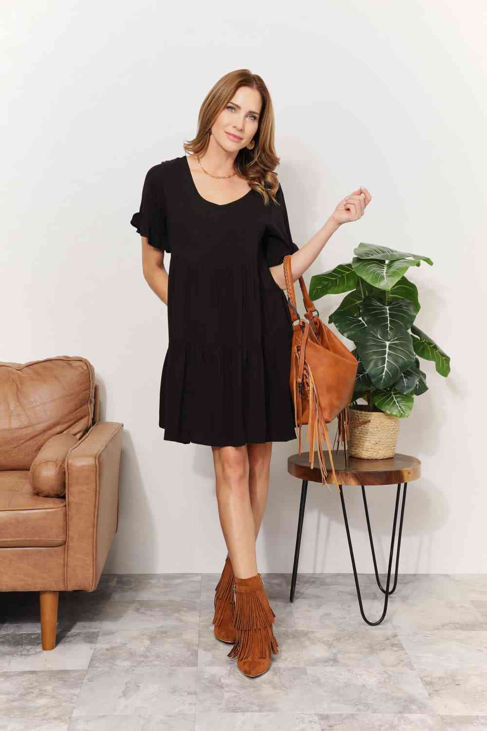 Women's Double Take V-Neck Flounce Sleeve Tiered Dress