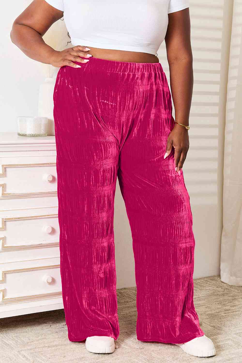 Women's Double Take Full Size High Waist Tiered Shirring Velvet Wide Leg Pants