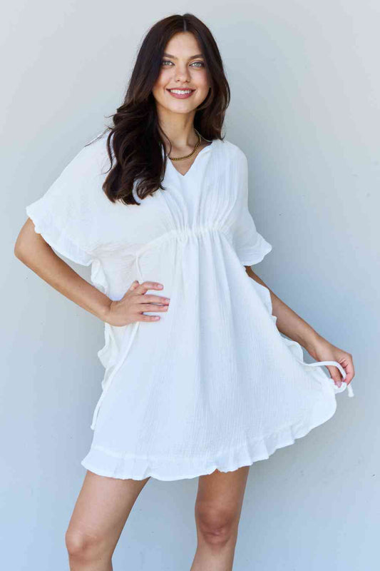 Women's Ninexis Out Of Time Full Size Ruffle Hem Dress with Drawstring Waistband in White