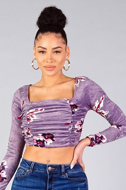 Women's Ruched Velvet Floral Back Tie Crop Top