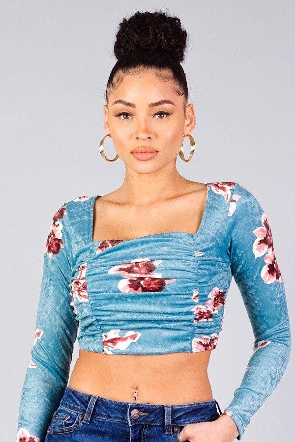 Women's Ruched Velvet Floral Back Tie Crop Top