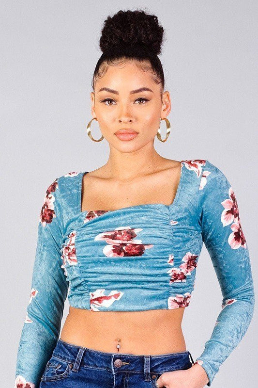 Women's Ruched Velvet Floral Back Tie Crop Top