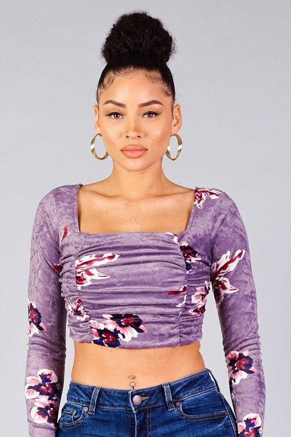 Women's Ruched Velvet Floral Back Tie Crop Top