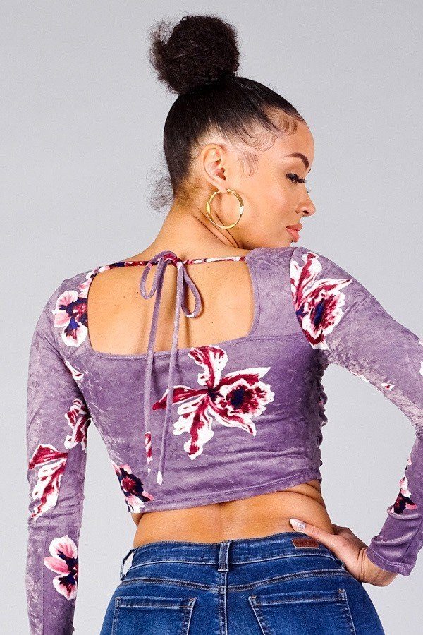 Women's Ruched Velvet Floral Back Tie Crop Top