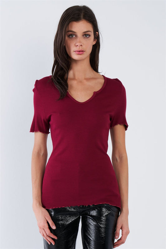 Women's Cherry Red Ribbed V-neck Top