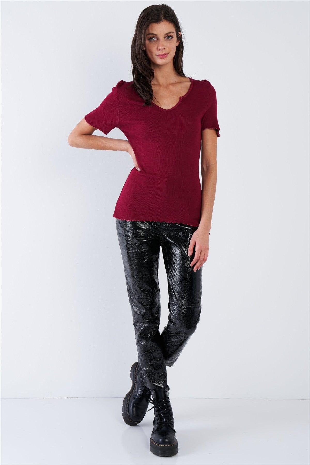 Women's Cherry Red Ribbed V-neck Top