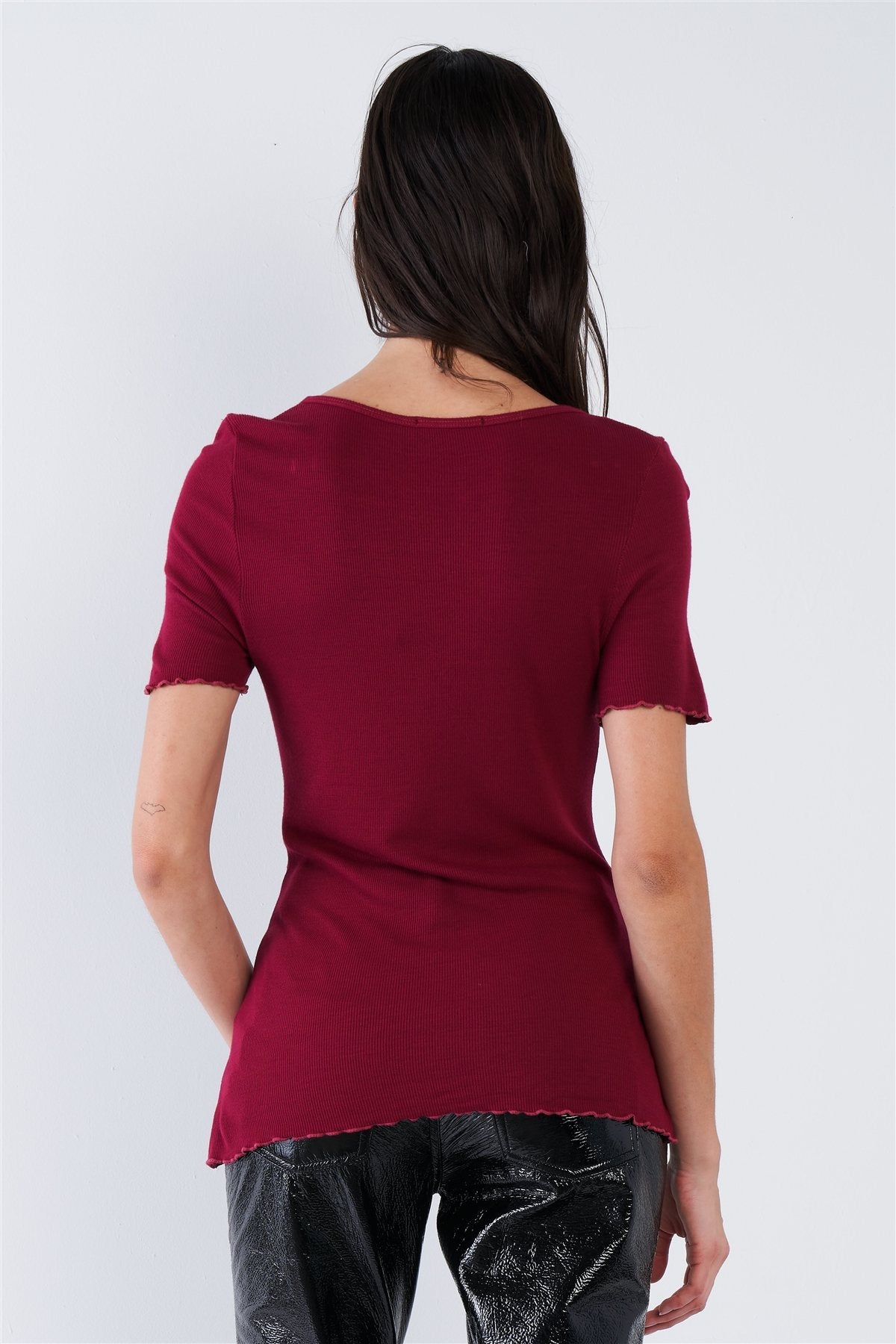 Women's Cherry Red Ribbed V-neck Top