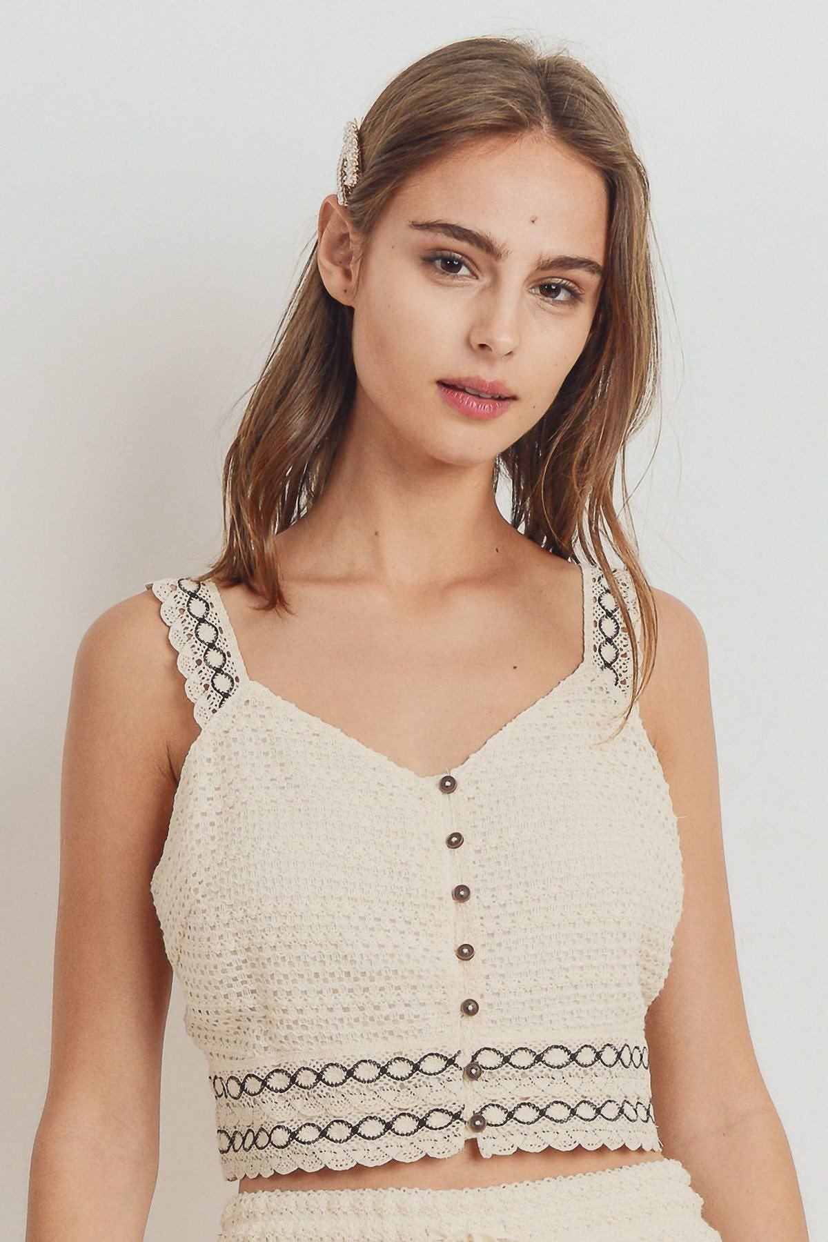 Women's Knit Laced Buttoned Shoulder Strap Top