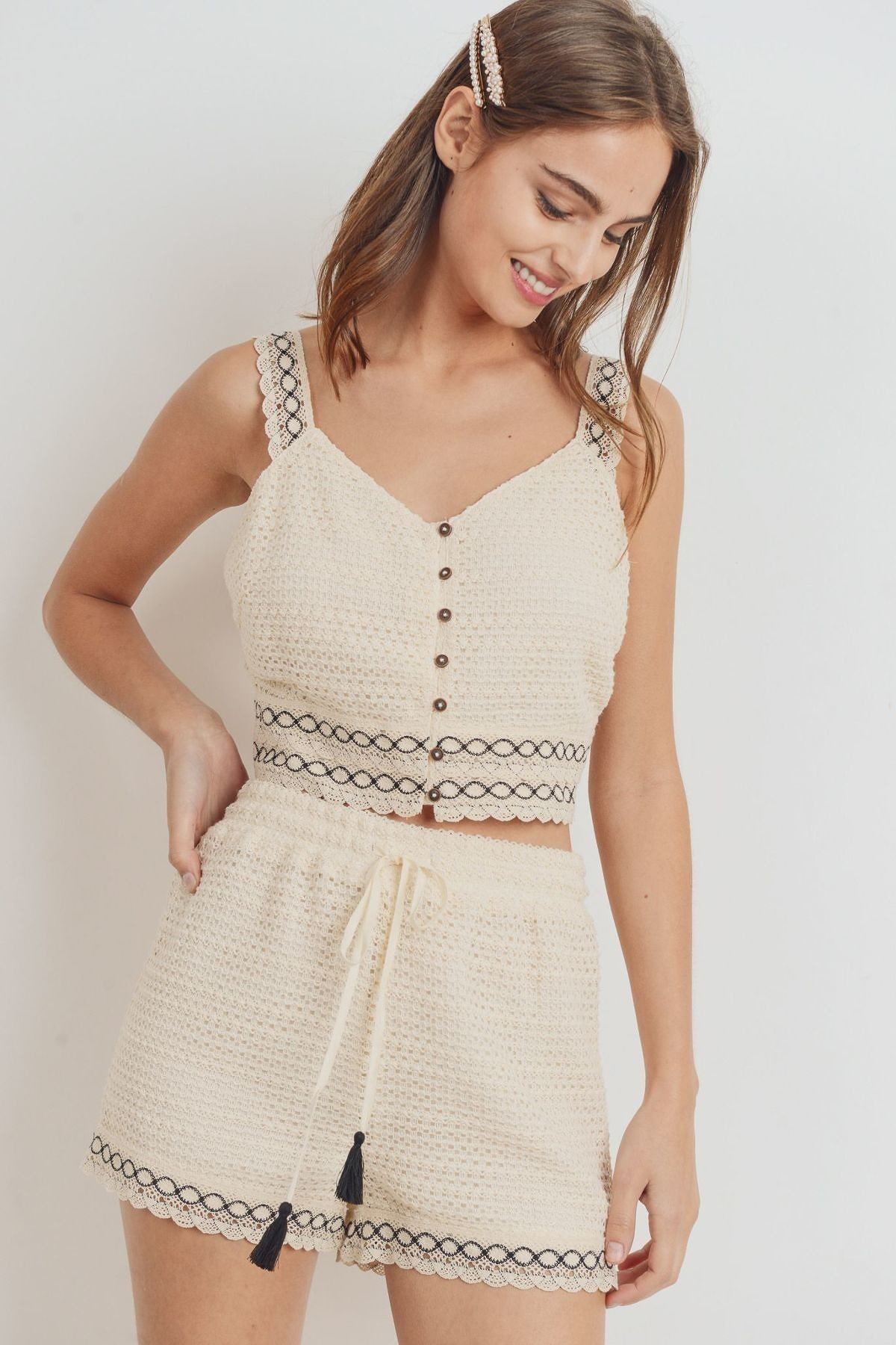 Women's Knit Laced Buttoned Shoulder Strap Top