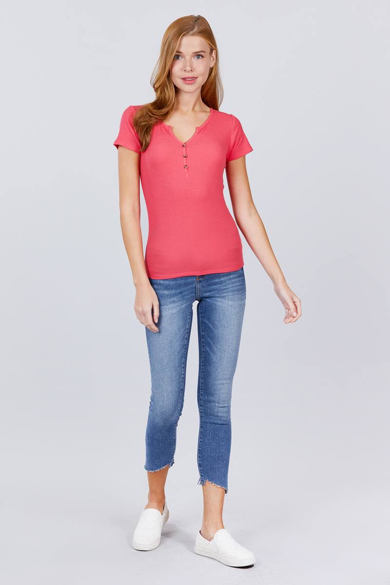 Women's Short Sleeve W/button Detail Henley Neck Rib Knit Top