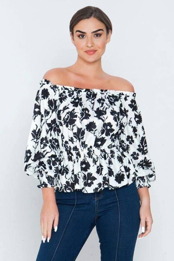 Women's Long Sleeves Off Shoulder Neckline Printed Shirt