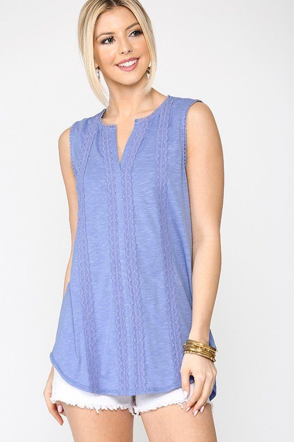 Women's Sleeveless Lace Trim Tunic Top With Scoop Hem