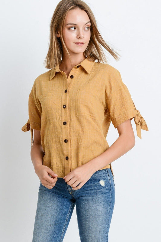 Women's Short Sleeve Button Up Top With Tie Sleeve