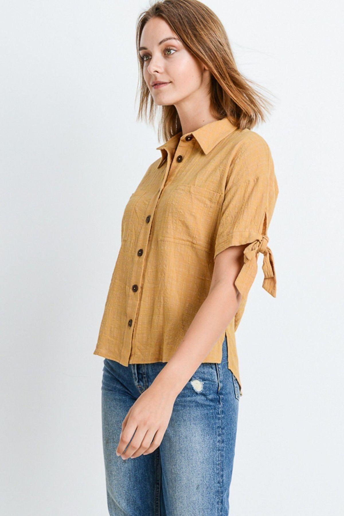 Women's Short Sleeve Button Up Top With Tie Sleeve