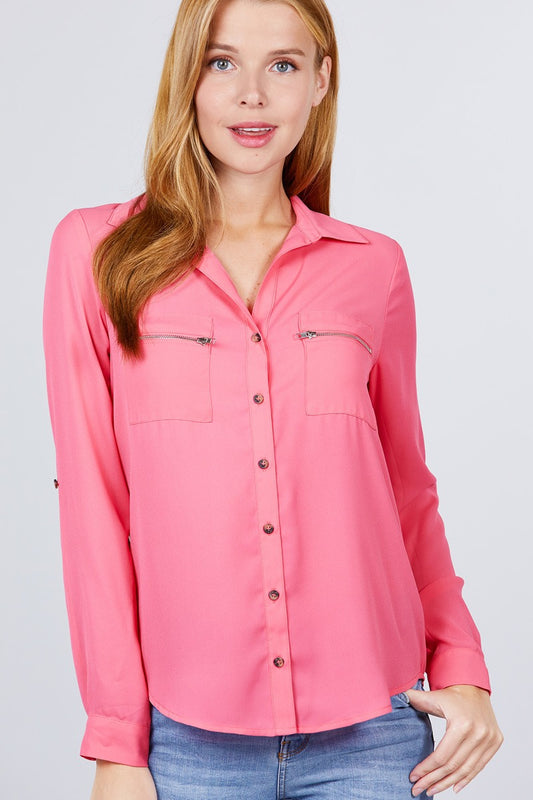 Women's 3/4 Roll Up Sleeve Pocket W/zipper Detail Woven Blouse