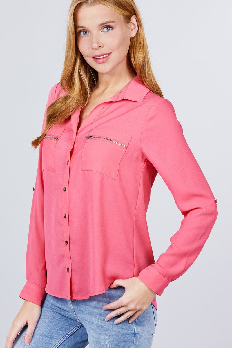 Women's 3/4 Roll Up Sleeve Pocket W/zipper Detail Woven Blouse