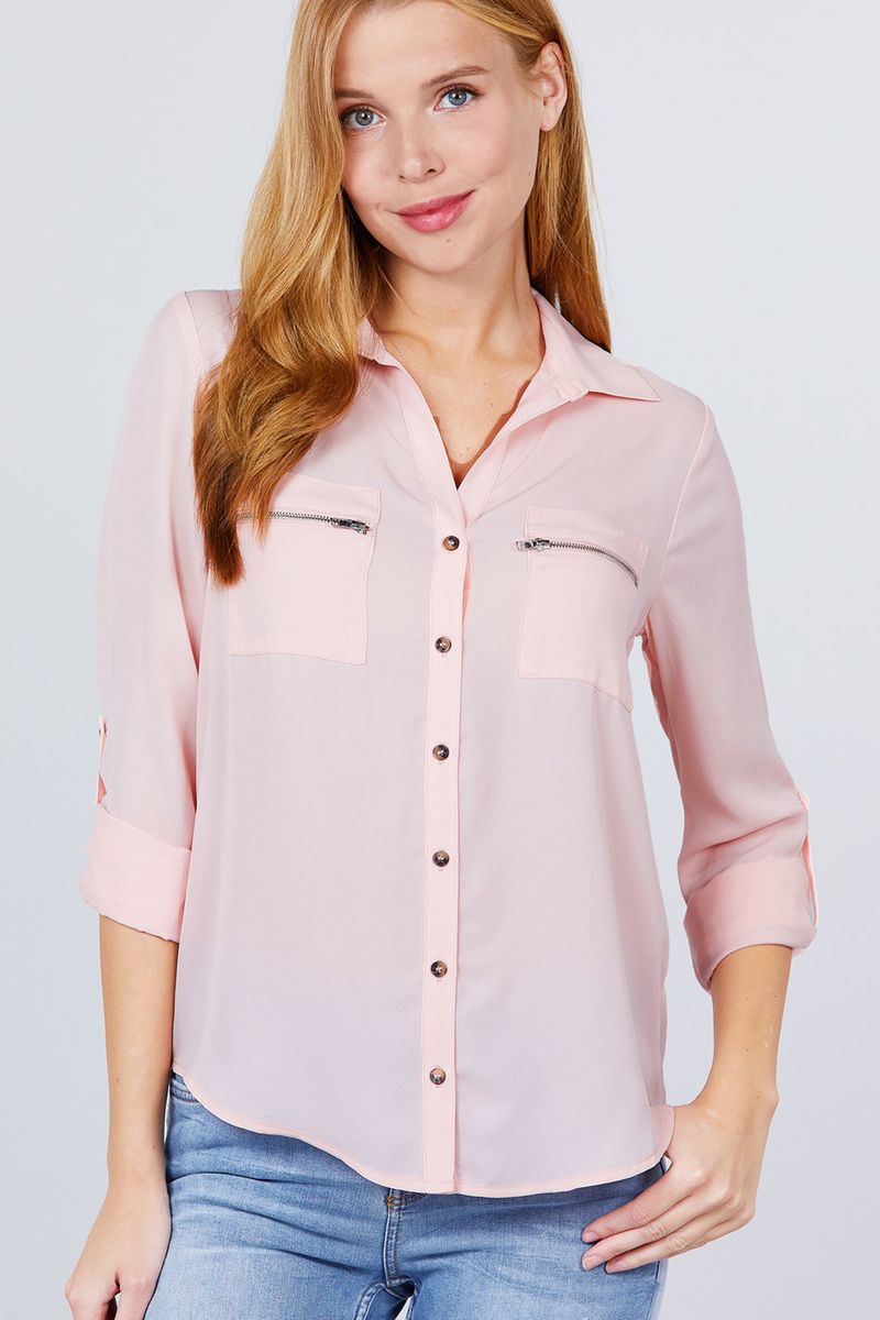 Women's 3/4 Roll Up Sleeve Pocket W/zipper Detail Woven Blouse