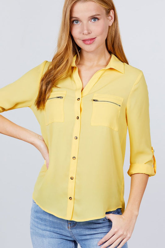 Women's 3/4 Roll Up Sleeve Pocket W/zipper Detail Woven Blouse