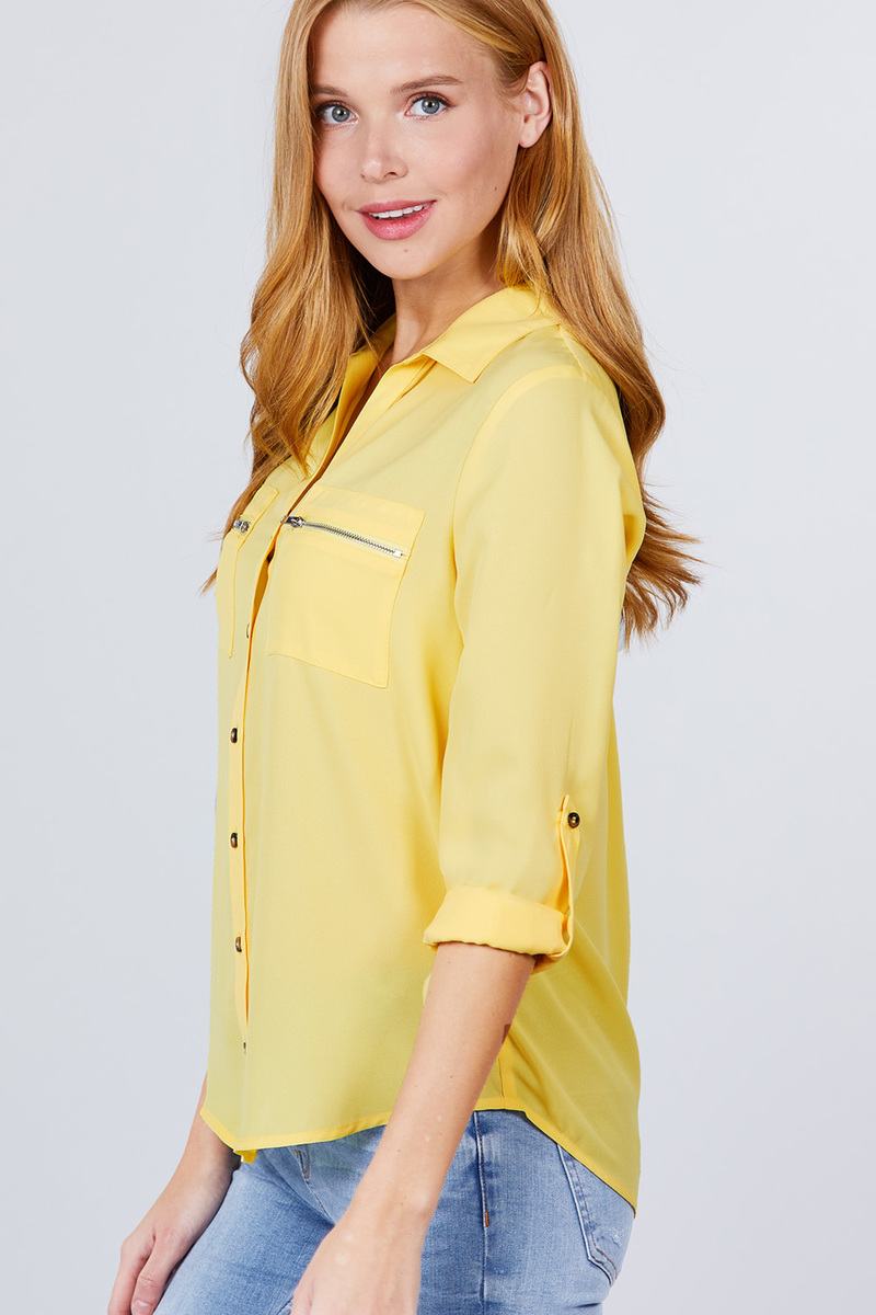 Women's 3/4 Roll Up Sleeve Pocket W/zipper Detail Woven Blouse