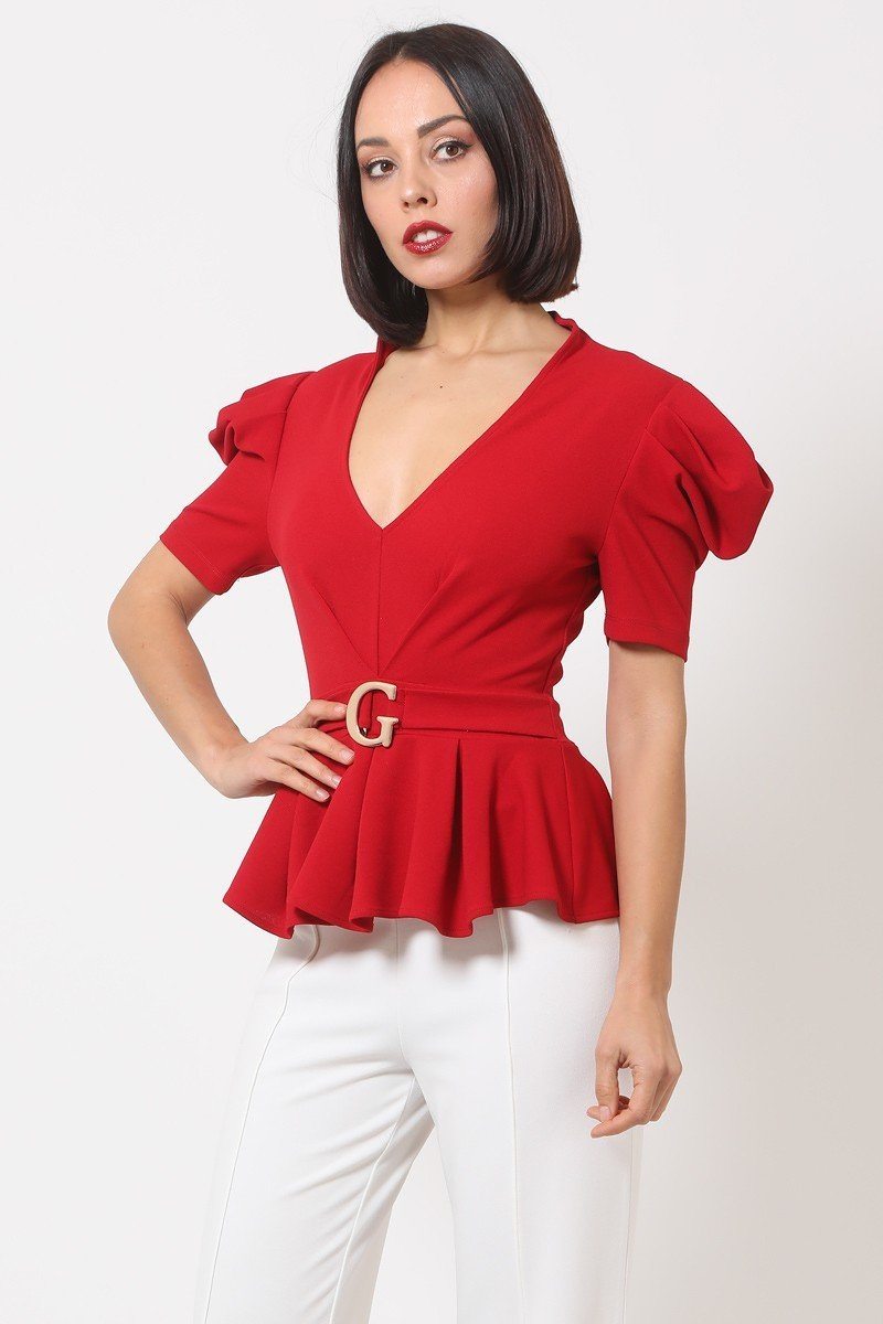 Women's Draped Puff Shoulder Fashion Top With G Buckle Detail