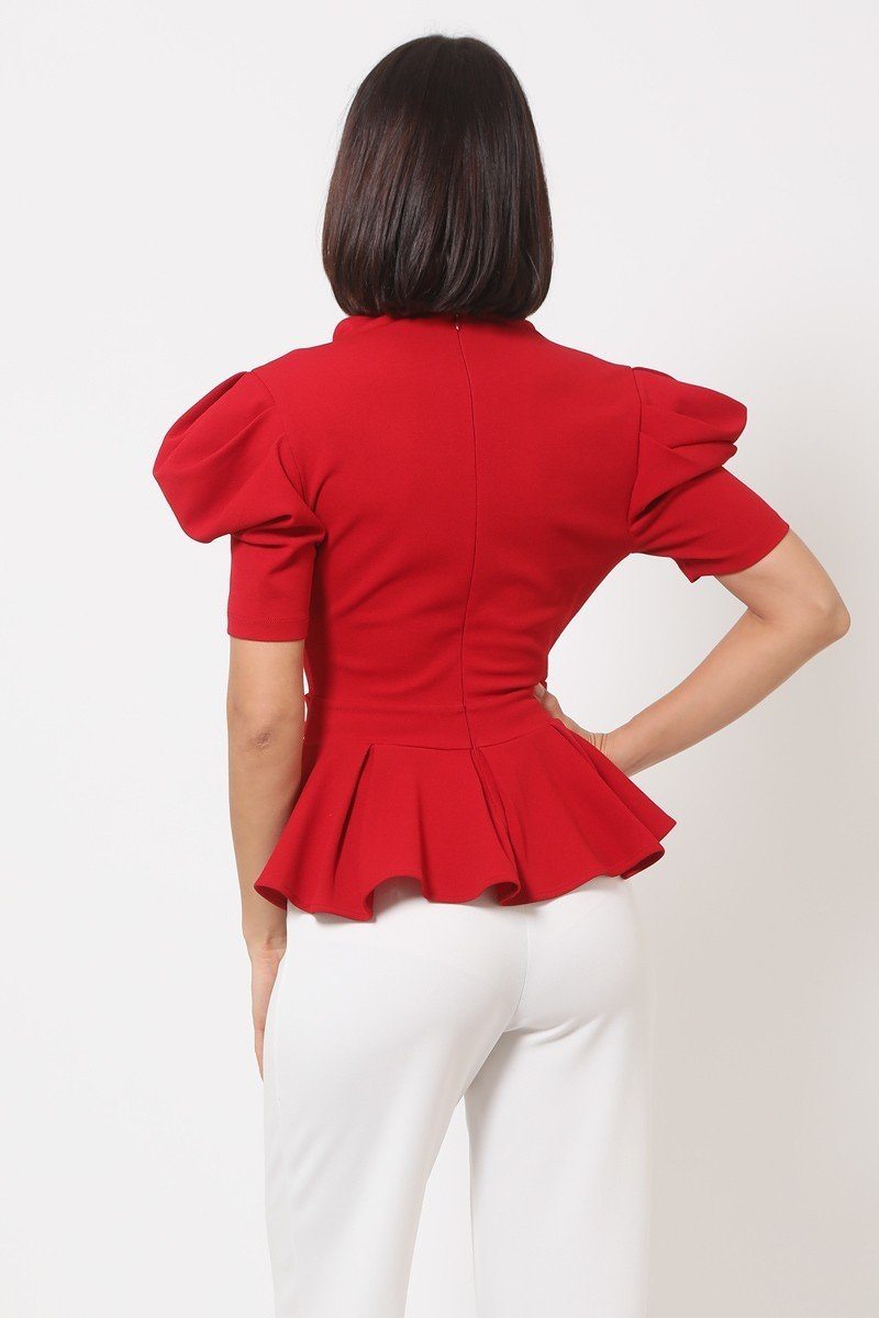 Women's Draped Puff Shoulder Fashion Top With G Buckle Detail