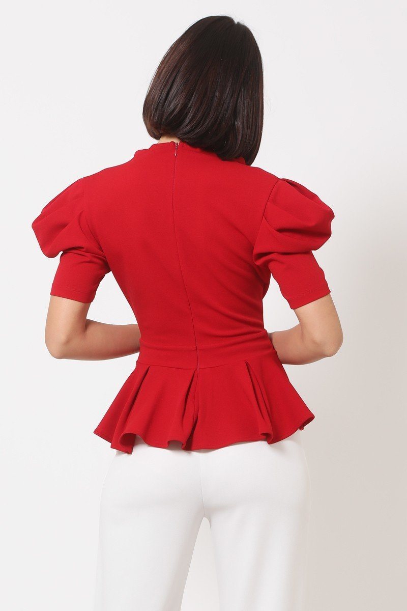 Women's Draped Puff Shoulder Fashion Top With G Buckle Detail