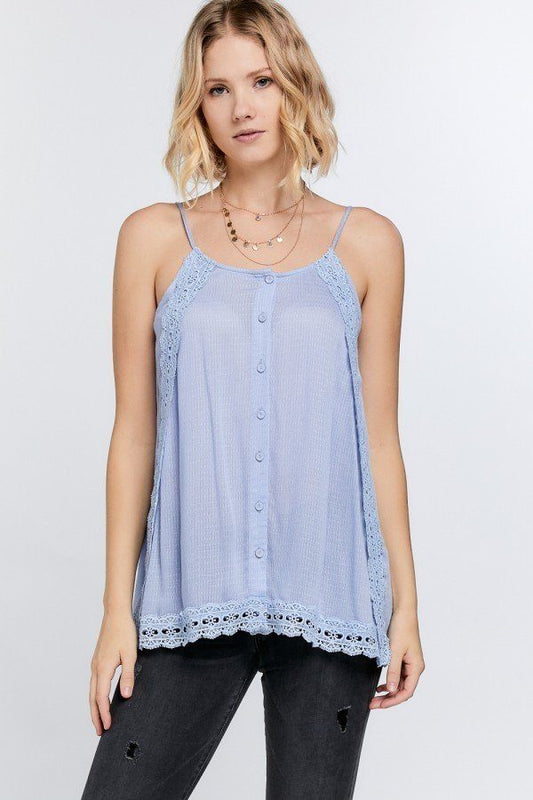 Women's Boho Scallop Lace Trim Detailed Button Down Solid Subtle Textured Slit Side Overlay Layered Cami Top